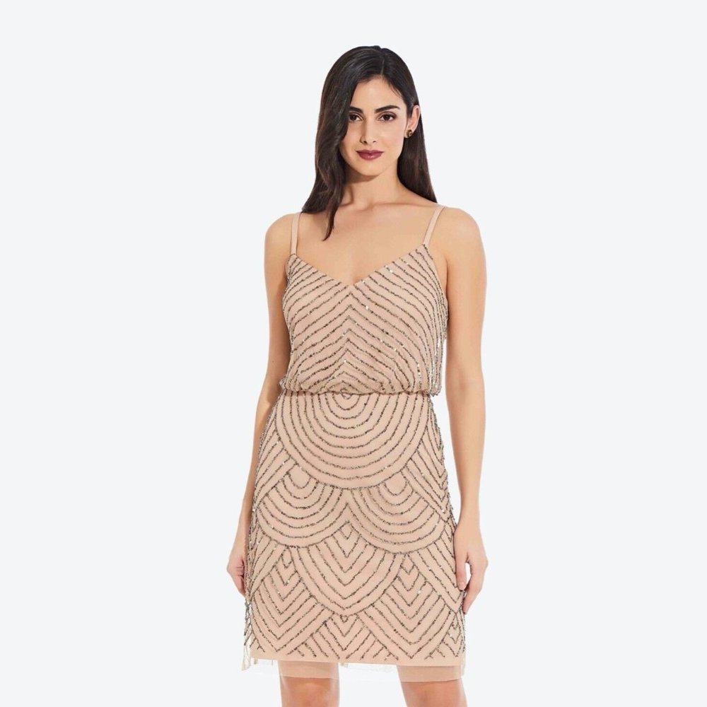 NEW Adrianna Papell Sequin Mesh‎ Blouson Dress in Taupe Pink [SZ 16 ] - Picture 10 of 10